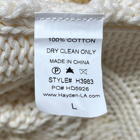 Hayden Los Angeles Cream Cable Knit Frayed Trim Pullover Sweater Size Large - Picture 9 of 10